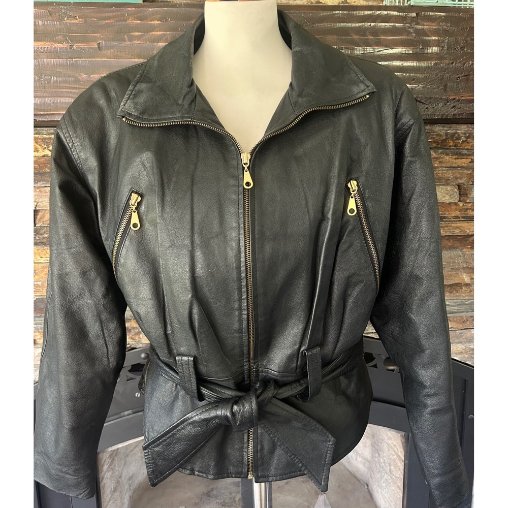 Vintage Leather Jacket Paris Sport Club Tie Waist Boxy Medium